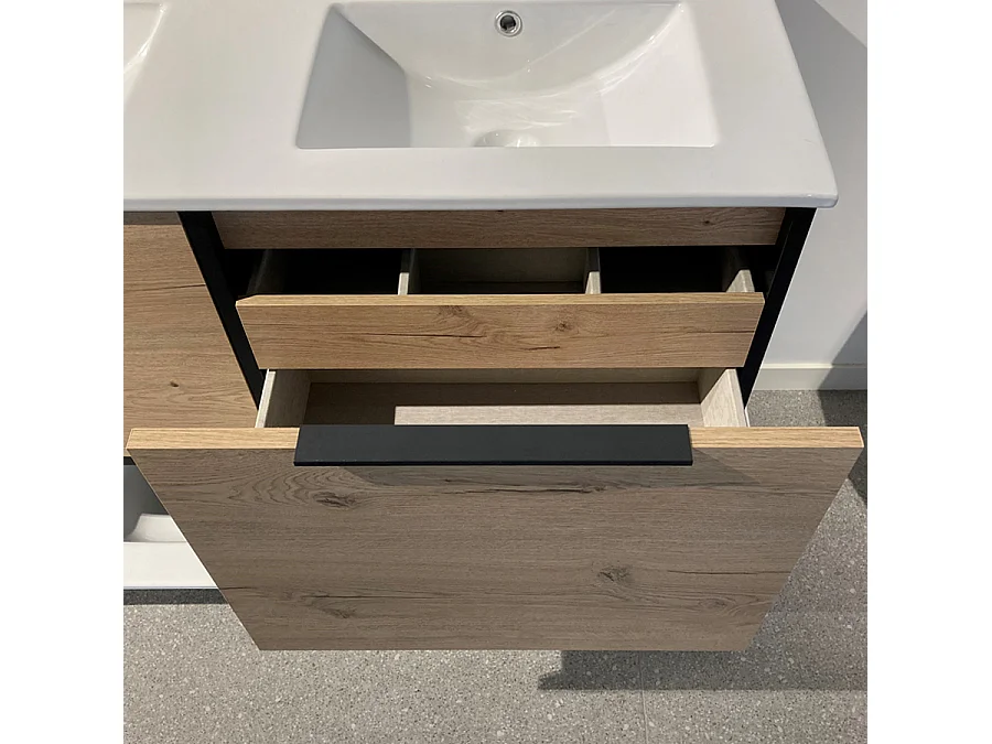 Meuble de salle de bain double vasque - 2 façades et 4 tiroirs - ALBA et miroir Led STAM - blanc-Chêne - 120cm