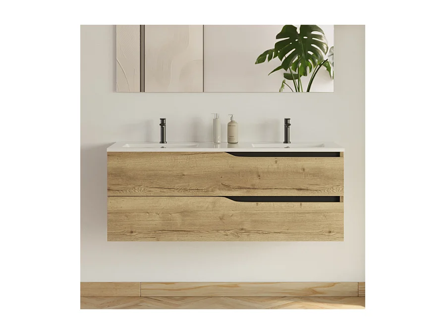 Meuble de salle de bain 120cm avec plan double vasque - 2 tiroirs - sans miroir - madera miel (bois clair) - LUNA