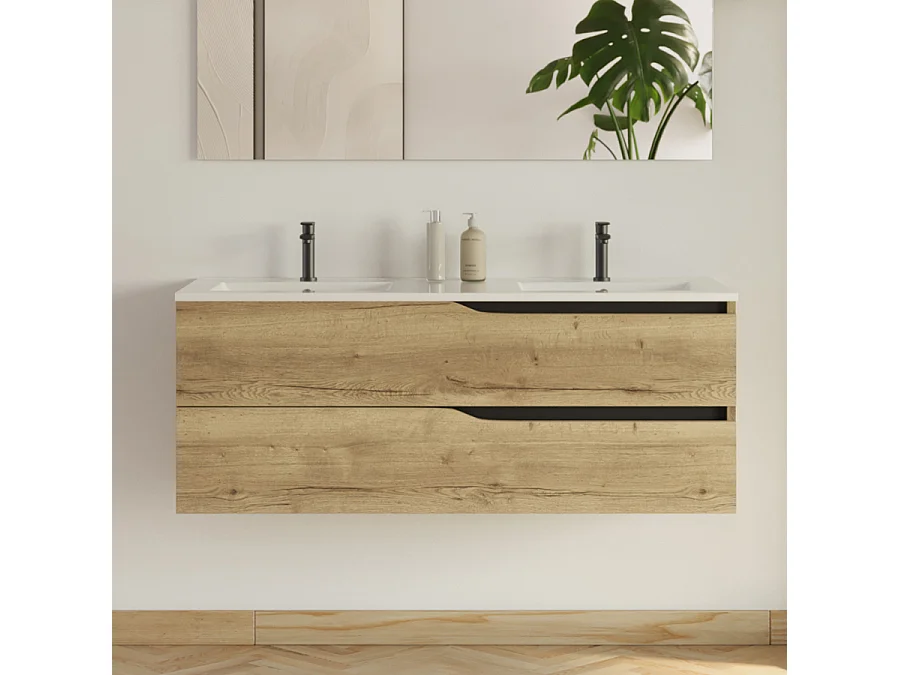 Meuble de salle de bain 120cm avec plan double vasque - 2 tiroirs - sans miroir - madera miel (bois clair) - LUNA