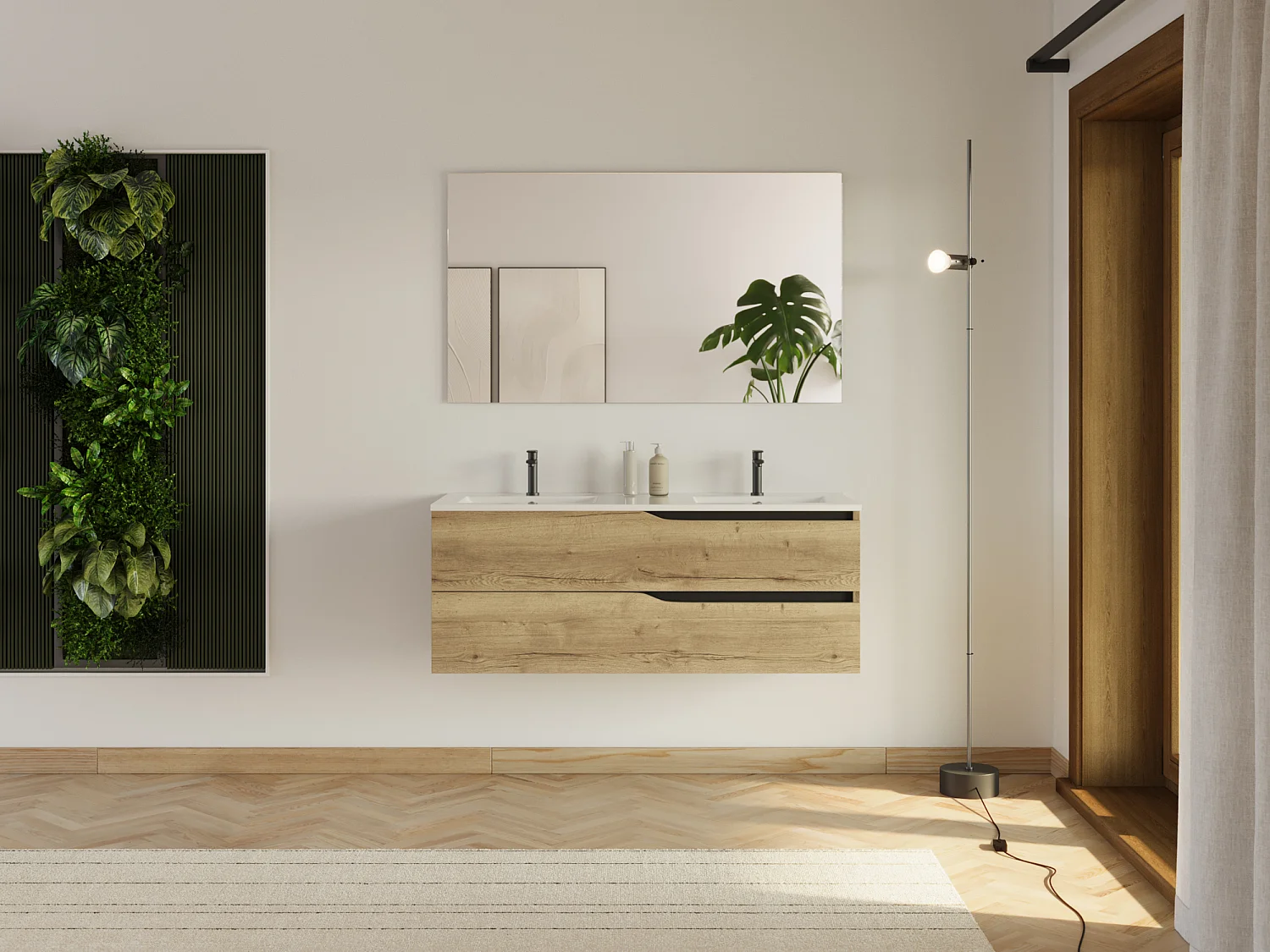 Meuble de salle de bain 120cm avec plan double vasque - 2 tiroirs - sans miroir - madera miel (bois clair) - LUNA