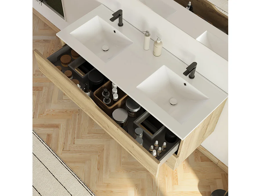 Meuble de salle de bain 120cm avec plan double vasque - 2 tiroirs - sans miroir - madera miel (bois clair) - LUNA