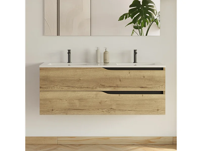 Meuble de salle de bain 120cm avec plan double vasque - 2 tiroirs - sans miroir - madera miel (bois clair) - LUNA