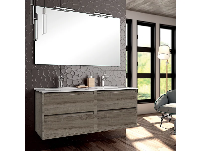 Meuble de salle de bain 120cm double vasque - 4 tiroirs - IRIS - britannia (chêne foncé)