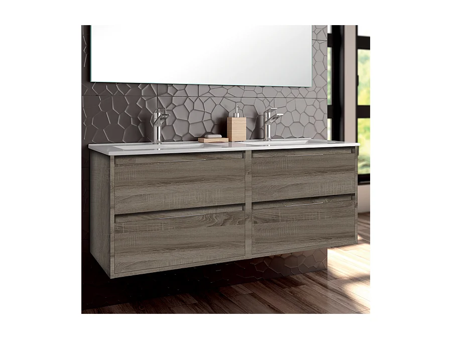 Meuble de salle de bain 120cm double vasque - 4 tiroirs - IRIS - britannia (chêne foncé)