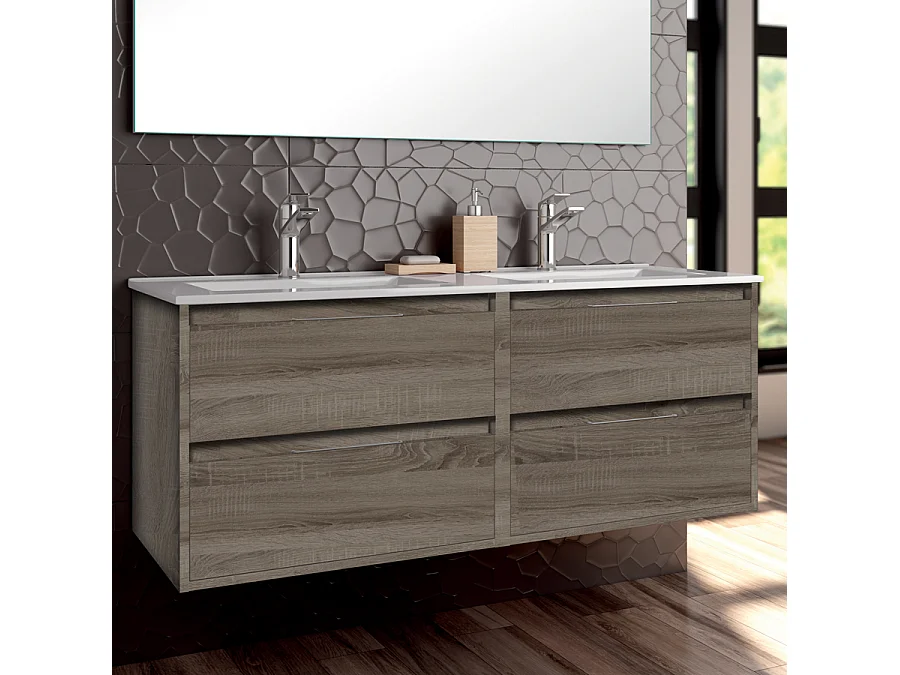Meuble de salle de bain 120cm double vasque - 4 tiroirs - IRIS - britannia (chêne foncé)