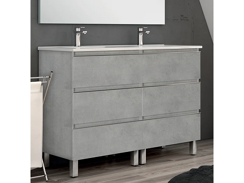 Meuble de salle de bain 140cm double vasque - 6 tiroirs - sans miroir - PALMA - ciment (gris)