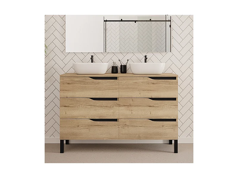 Meuble de salle de bain 120cm avec plateau et deux vasques à poser zeus - 6 tiroirs - sans miroir - madera miel (chêne clair) - MATA