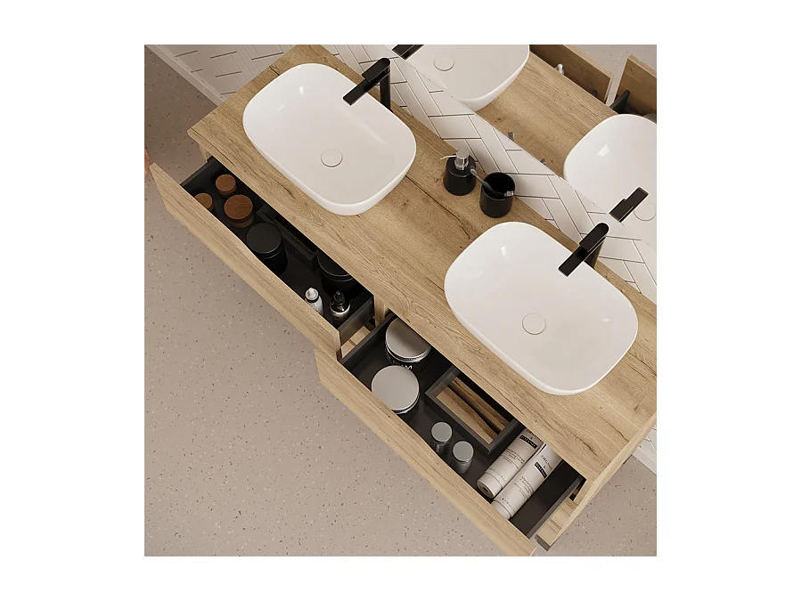Meuble de salle de bain 120cm avec plateau et deux vasques à poser zeus - 6 tiroirs - sans miroir - madera miel (chêne clair) - MATA