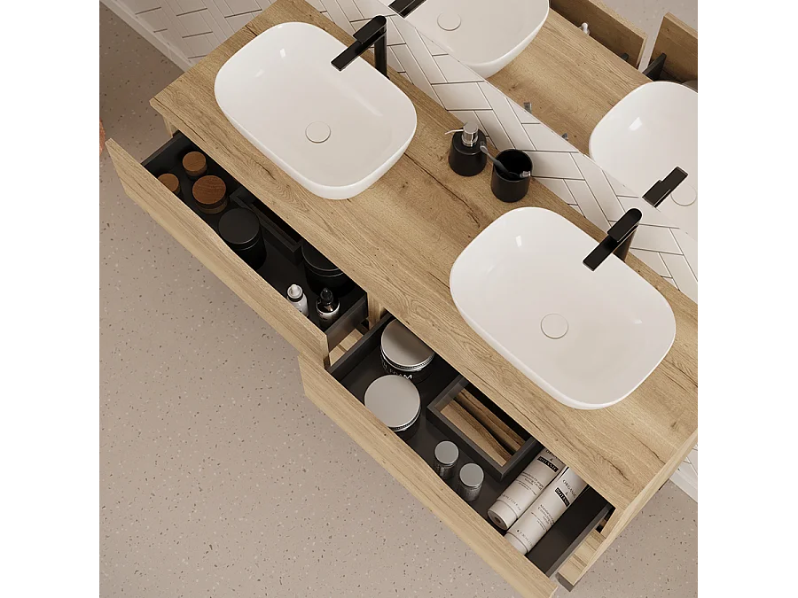 Meuble de salle de bain 120cm avec plateau et deux vasques à poser zeus - 6 tiroirs - sans miroir - madera miel (chêne clair) - MATA