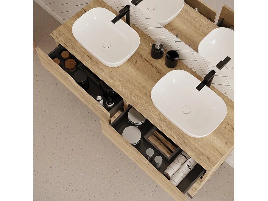Meuble de salle de bain 120cm avec plateau et deux vasques à poser zeus - 6 tiroirs - sans miroir - madera miel (chêne clair) - MATA