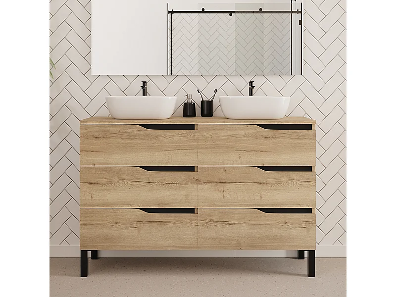 Meuble de salle de bain 120cm avec plateau et deux vasques à poser zeus - 6 tiroirs - sans miroir - madera miel (chêne clair) - MATA