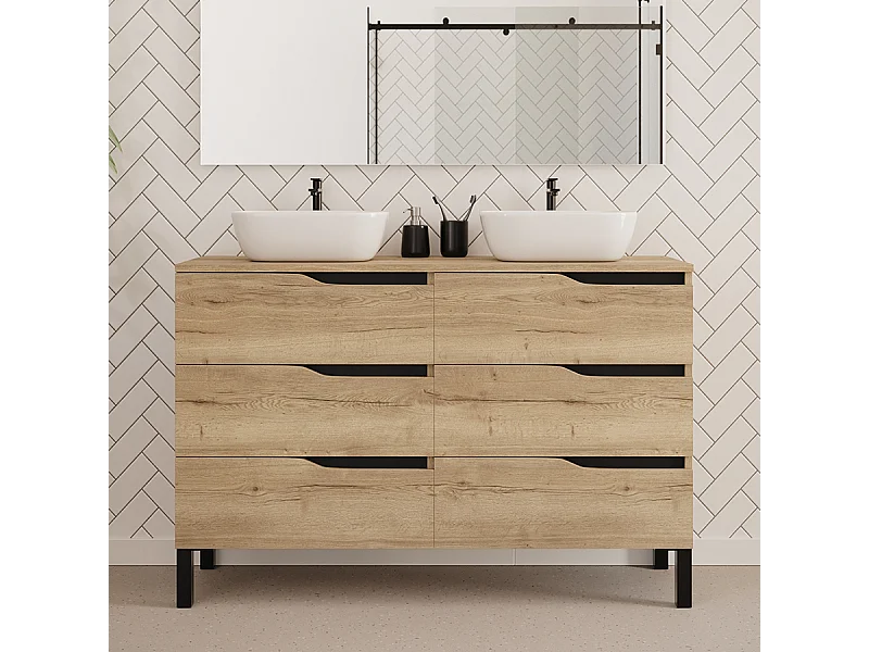 Meuble de salle de bain 120cm avec plateau et deux vasques à poser zeus - 6 tiroirs - sans miroir - madera miel (chêne clair) - MATA