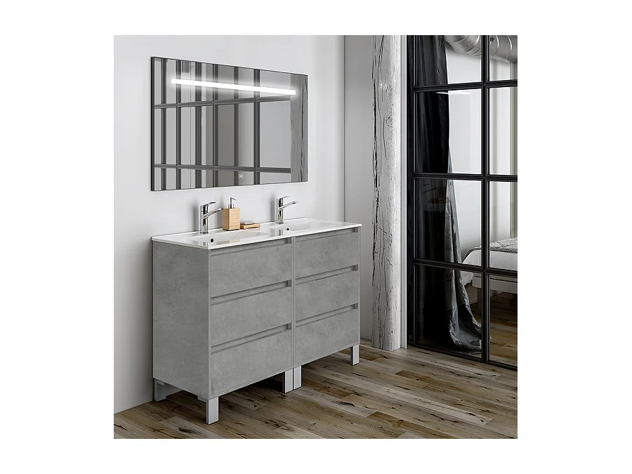 Meuble de salle de bain double vasque - 6 tiroirs - TIRIS 3C et miroir Led STAM - ciment (gris) - 120cm