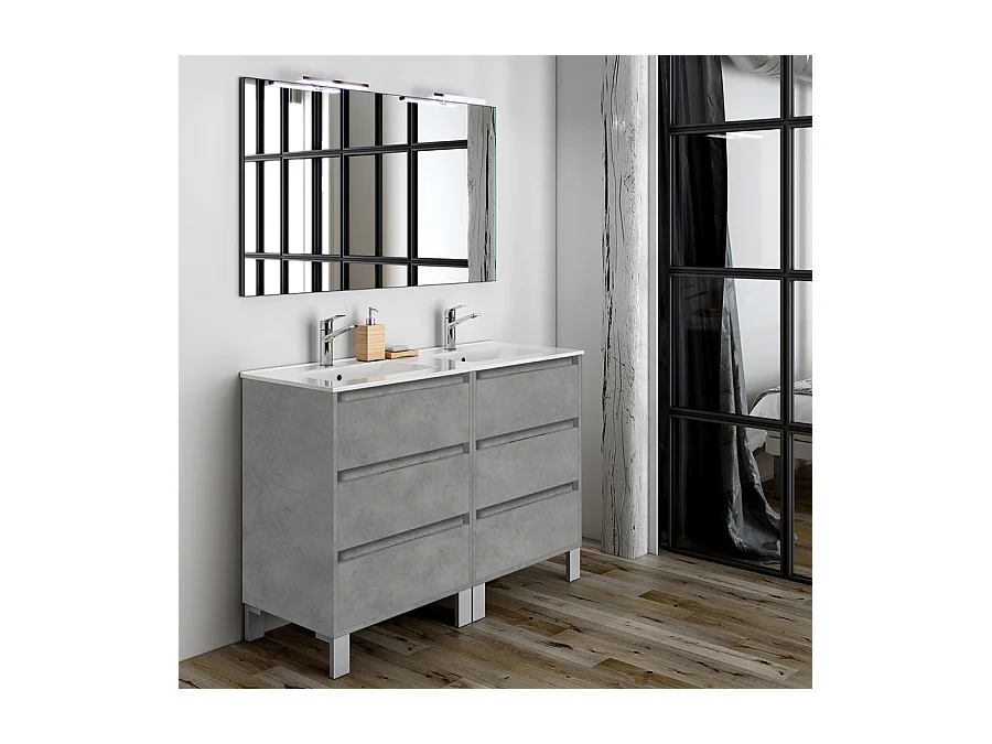 Meuble de salle de bain double vasque - 6 tiroirs - TIRIS 3C et miroir Led STAM - ciment (gris) - 120cm