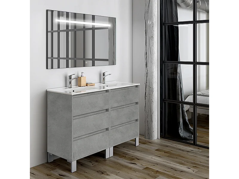 Meuble de salle de bain double vasque - 6 tiroirs - TIRIS 3C et miroir Led STAM - ciment (gris) - 120cm