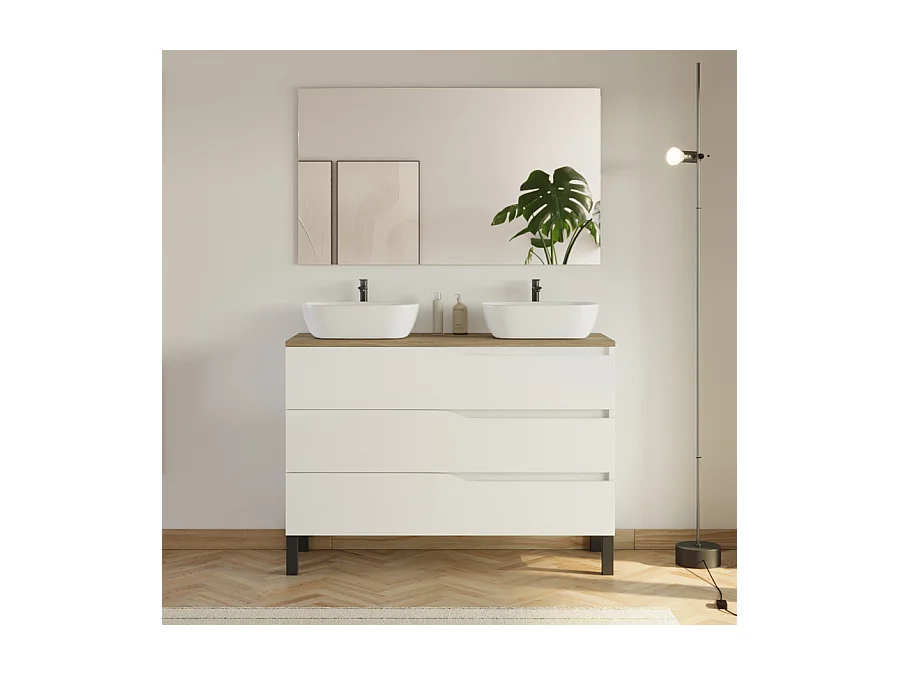 Meuble de salle de bain 120cm avec plateau miel et 2 vasques à poser Zeus - 3 tiroirs - blanc - MATA