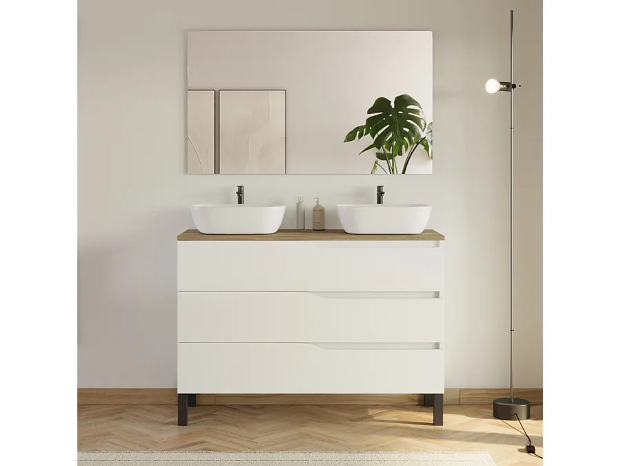 Meuble de salle de bain 120cm avec plateau miel et 2 vasques à poser Zeus - 3 tiroirs - blanc - MATA
