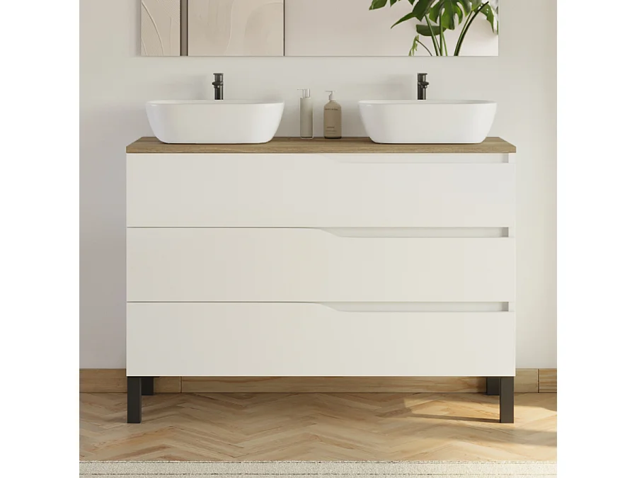 Meuble de salle de bain 120cm avec plateau miel et 2 vasques à poser Zeus - 3 tiroirs - blanc - MATA