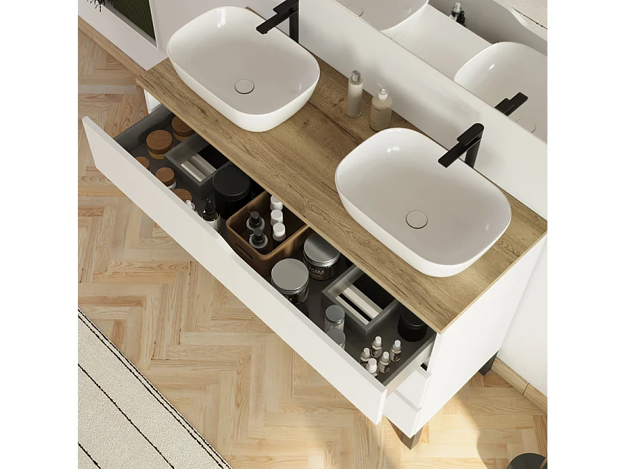 Meuble de salle de bain 120cm avec plateau miel et 2 vasques à poser Zeus - 3 tiroirs - blanc - MATA