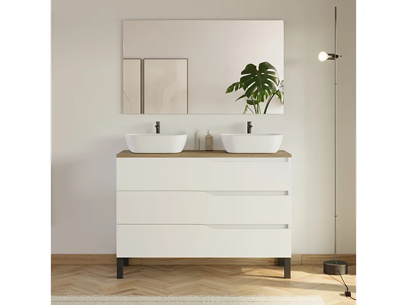 Meuble de salle de bain 120cm avec plateau miel et 2 vasques à poser Zeus - 3 tiroirs - blanc - MATA