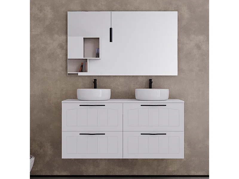 Meuble de salle de bain 120cm avec plateau et deux vasques à poser rondes - 4 tiroirs - blanc - PIA