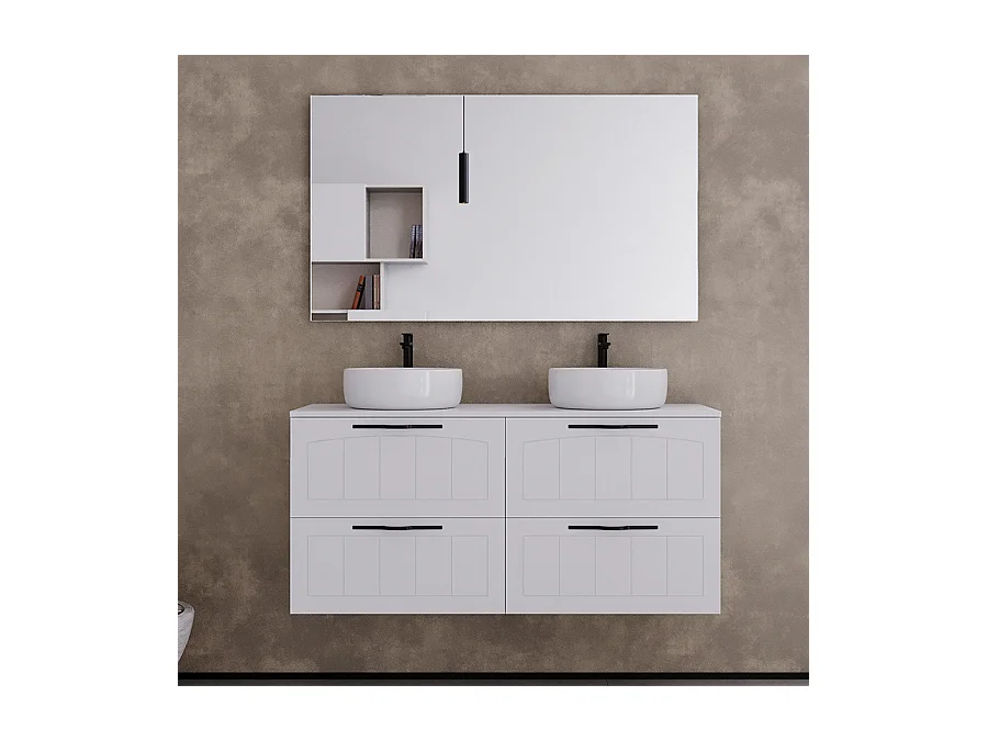 Meuble de salle de bain 120cm avec plateau et deux vasques à poser rondes - 4 tiroirs - blanc - PIA