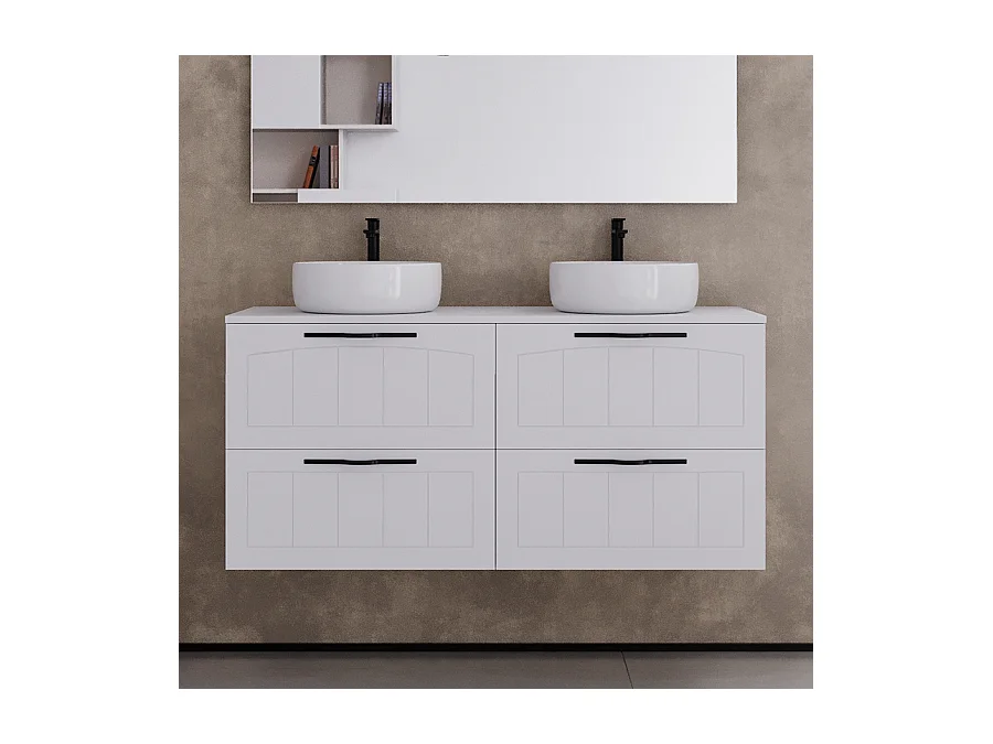Meuble de salle de bain 120cm avec plateau et deux vasques à poser rondes - 4 tiroirs - blanc - PIA