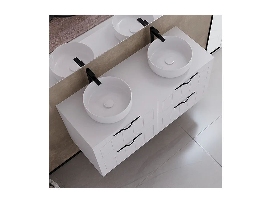 Meuble de salle de bain 120cm avec plateau et deux vasques à poser rondes - 4 tiroirs - blanc - PIA