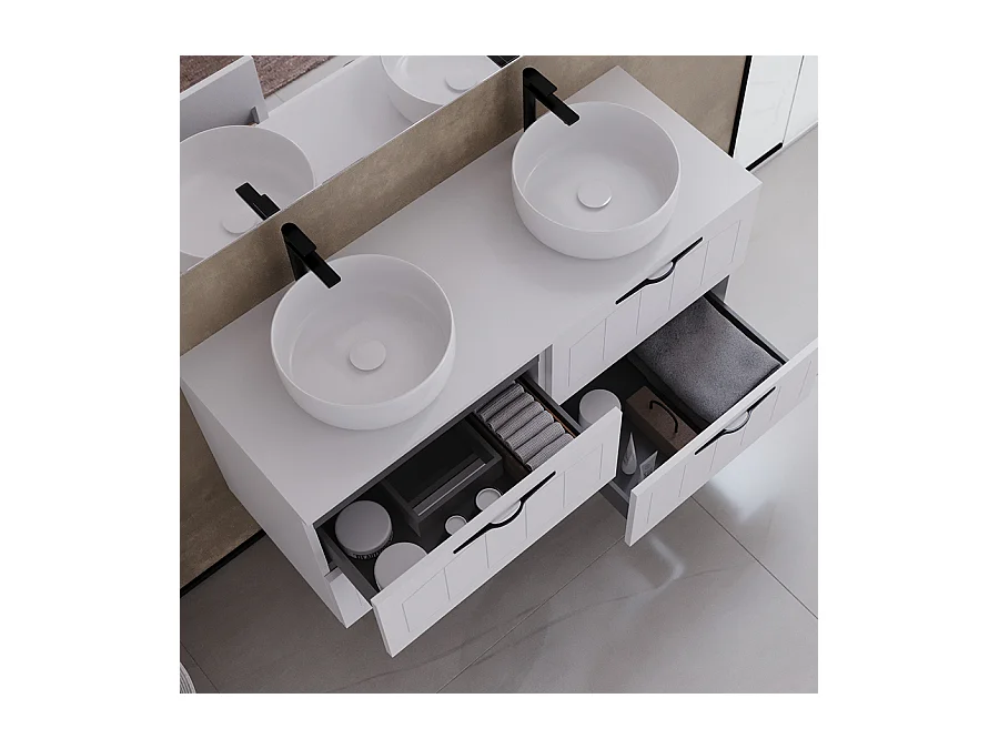 Meuble de salle de bain 120cm avec plateau et deux vasques à poser rondes - 4 tiroirs - blanc - PIA