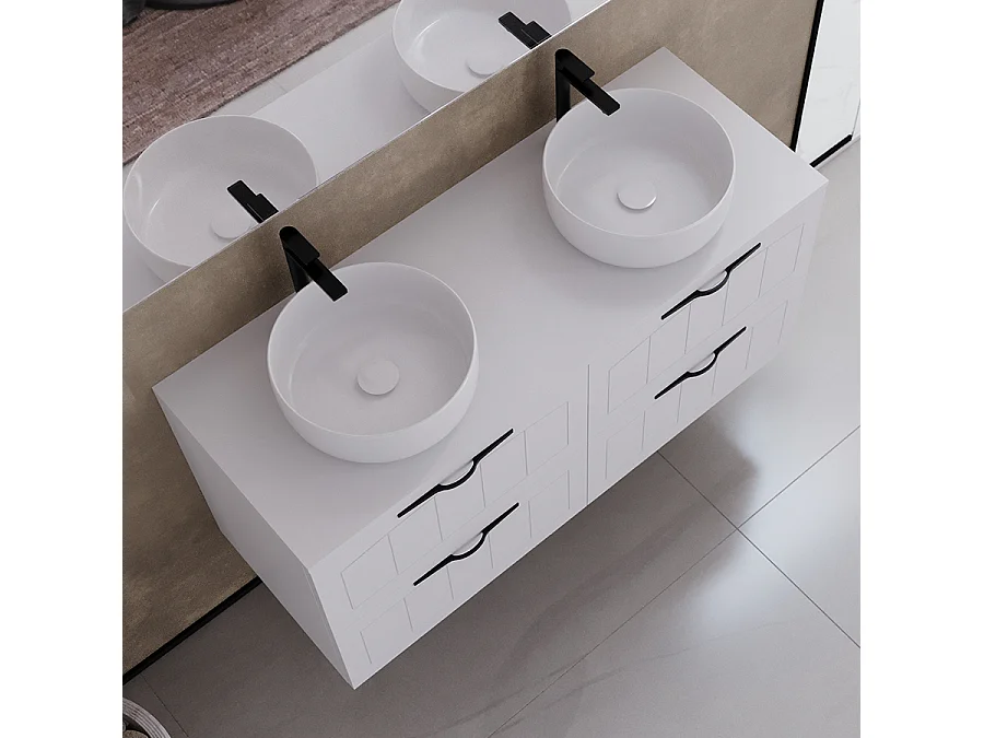 Meuble de salle de bain 120cm avec plateau et deux vasques à poser rondes - 4 tiroirs - blanc - PIA