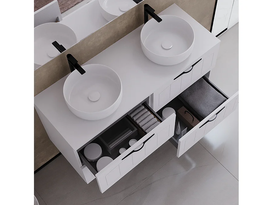 Meuble de salle de bain 120cm avec plateau et deux vasques à poser rondes - 4 tiroirs - blanc - PIA