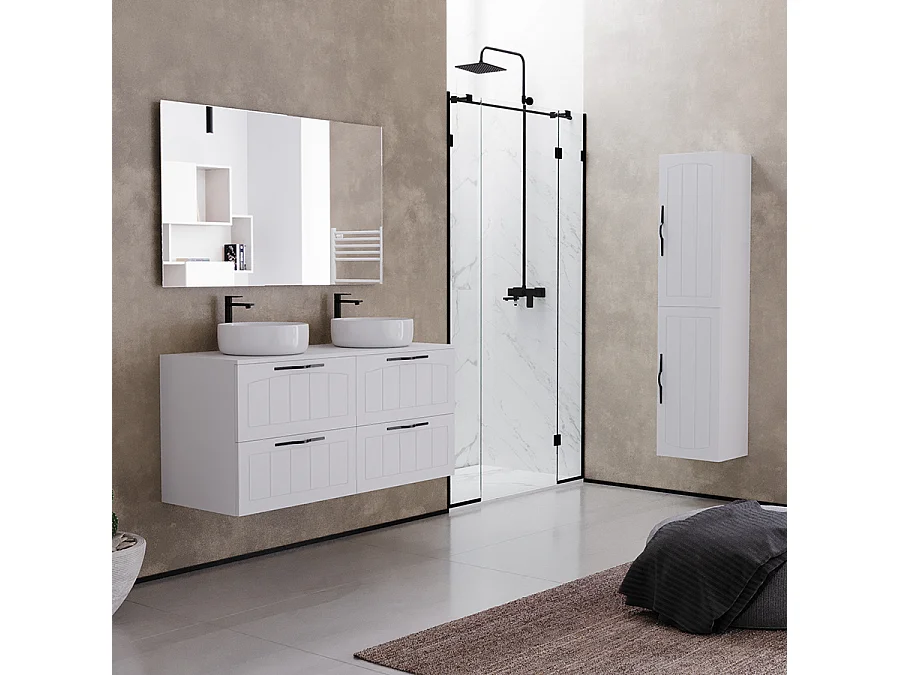 Meuble de salle de bain 120cm avec plateau et deux vasques à poser rondes - 4 tiroirs - blanc - PIA