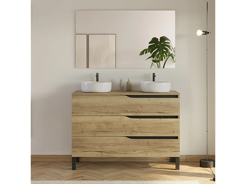 Meuble de salle de bain 120cm avec plateau et 2 vasques à poser Ares - 3 tiroirs - madera miel (bois clair) - MATA