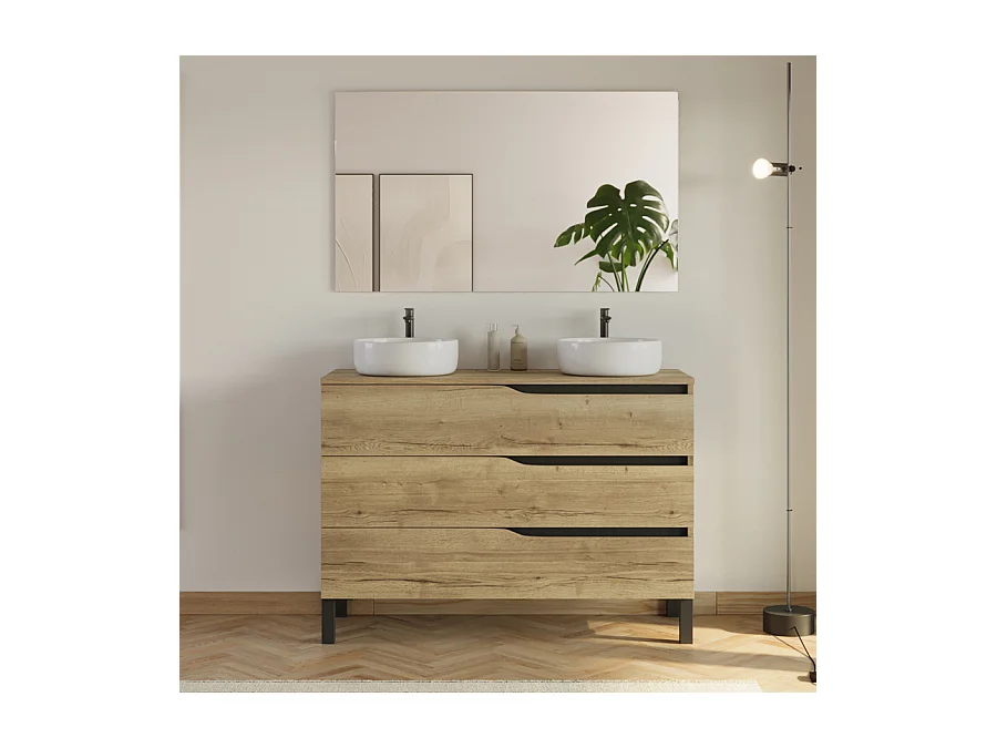 Meuble de salle de bain 120cm avec plateau et 2 vasques à poser Ares - 3 tiroirs - madera miel (bois clair) - MATA