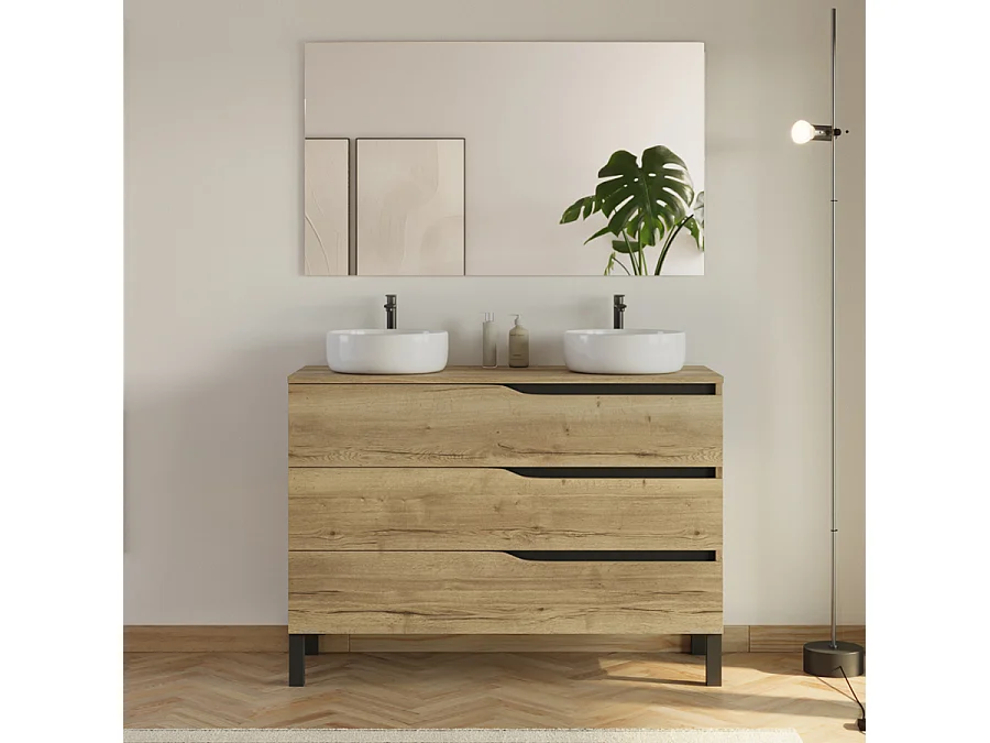 Meuble de salle de bain 120cm avec plateau et 2 vasques à poser Ares - 3 tiroirs - madera miel (bois clair) - MATA