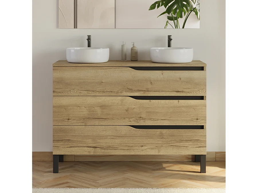 Meuble de salle de bain 120cm avec plateau et 2 vasques à poser Ares - 3 tiroirs - madera miel (bois clair) - MATA