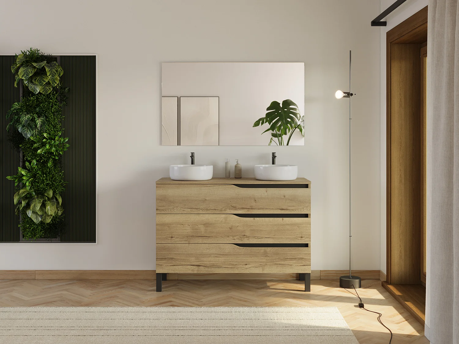 Meuble de salle de bain 120cm avec plateau et 2 vasques à poser Ares - 3 tiroirs - madera miel (bois clair) - MATA