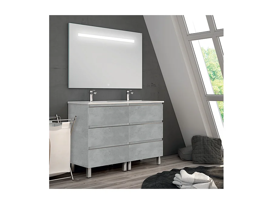 Meuble de salle de bain double vasque - 6 tiroirs - PALMA et miroir Led STAM - ciment (gris) - 120cm