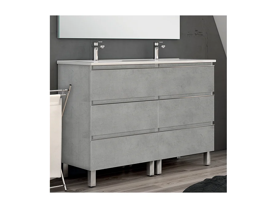 Meuble de salle de bain double vasque - 6 tiroirs - PALMA et miroir Led STAM - ciment (gris) - 120cm