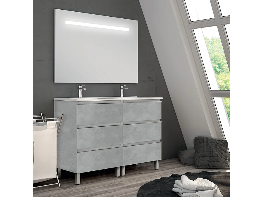 Meuble de salle de bain double vasque - 6 tiroirs - PALMA et miroir Led STAM - ciment (gris) - 120cm