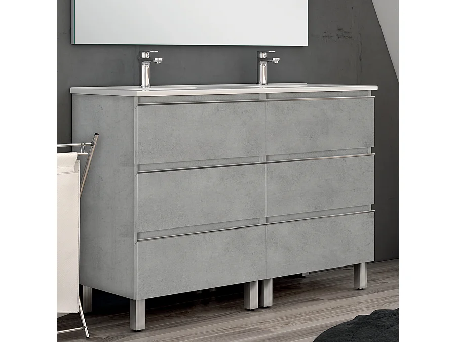 Meuble de salle de bain double vasque - 6 tiroirs - PALMA et miroir Led STAM - ciment (gris) - 120cm