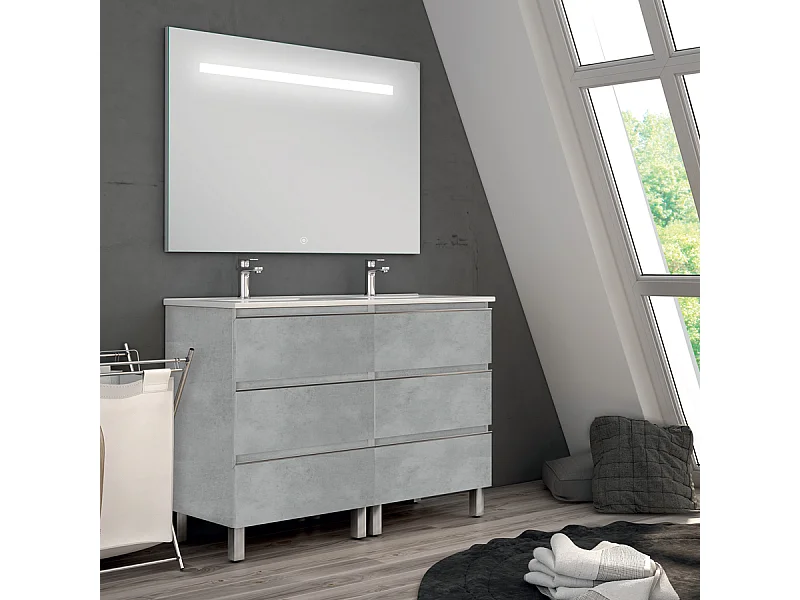 Meuble de salle de bain double vasque - 6 tiroirs - PALMA et miroir Led STAM - ciment (gris) - 120cm