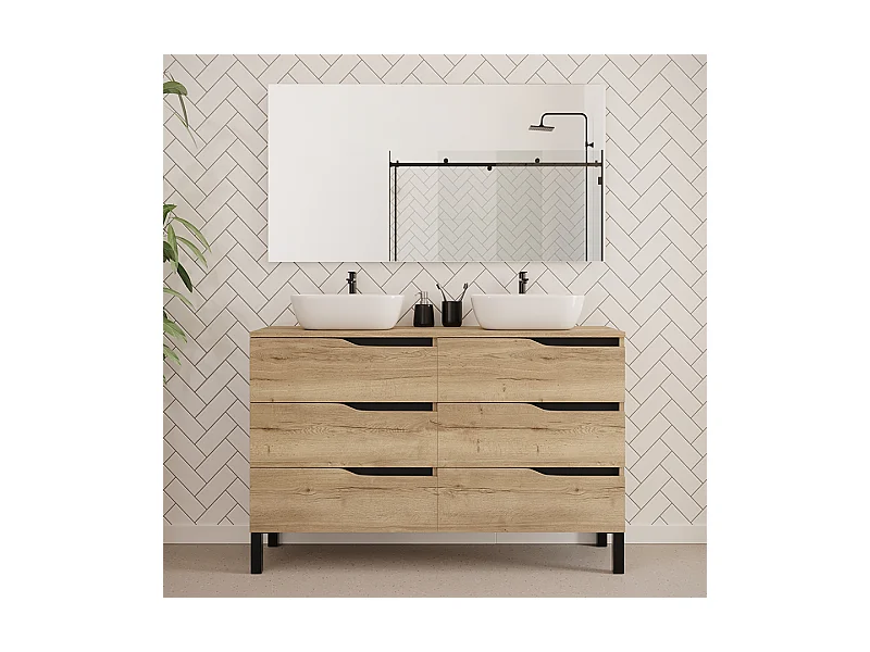 Meuble de salle de bain 120cm avec plateau et deux vasques à poser zeus - 6 tiroirs - madera miel (chêne clair) - MATA