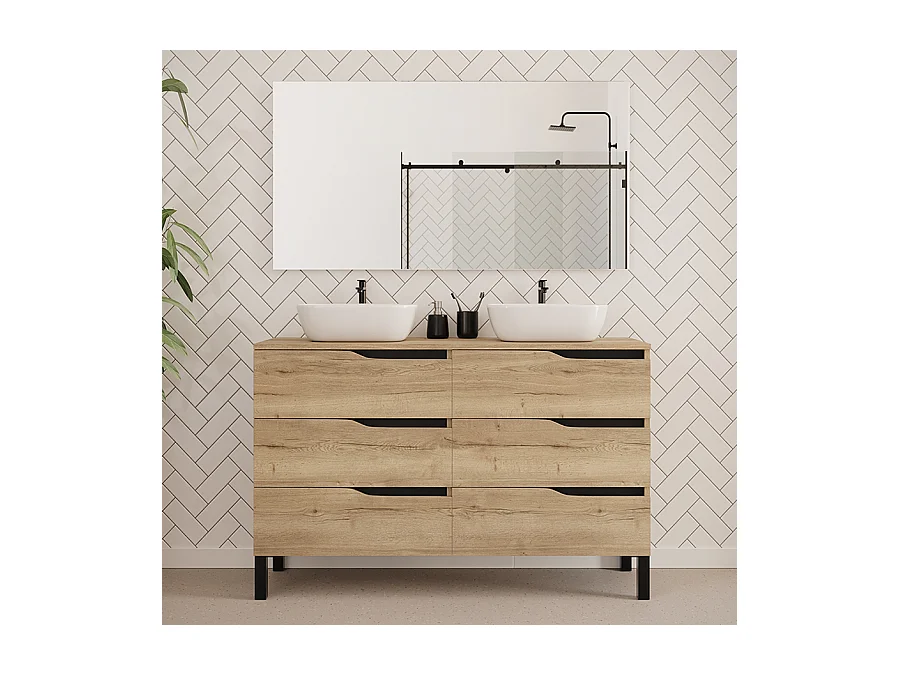 Meuble de salle de bain 120cm avec plateau et deux vasques à poser zeus - 6 tiroirs - madera miel (chêne clair) - MATA