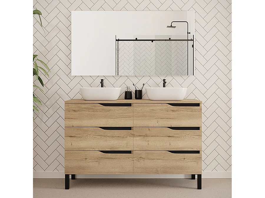 Meuble de salle de bain 120cm avec plateau et deux vasques à poser zeus - 6 tiroirs - madera miel (chêne clair) - MATA