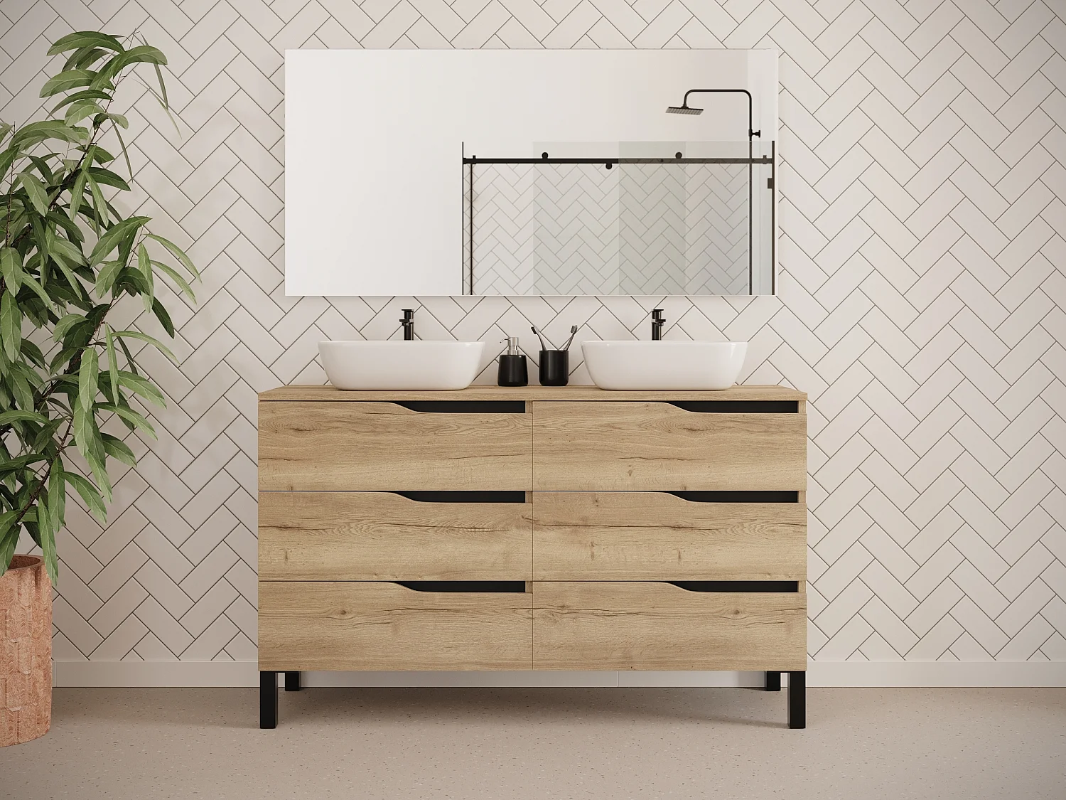 Meuble de salle de bain 120cm avec plateau et deux vasques à poser zeus - 6 tiroirs - madera miel (chêne clair) - MATA