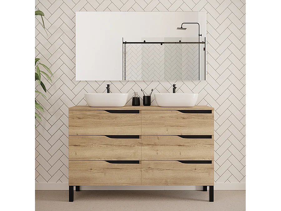 Meuble de salle de bain 120cm avec plateau et deux vasques à poser zeus - 6 tiroirs - madera miel (chêne clair) - MATA