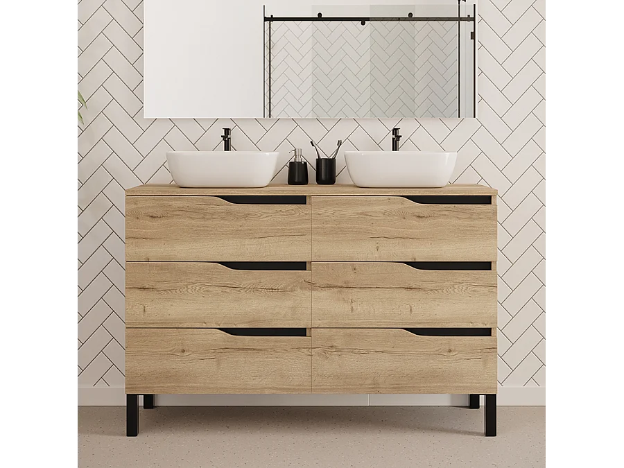 Meuble de salle de bain 120cm avec plateau et deux vasques à poser zeus - 6 tiroirs - madera miel (chêne clair) - MATA