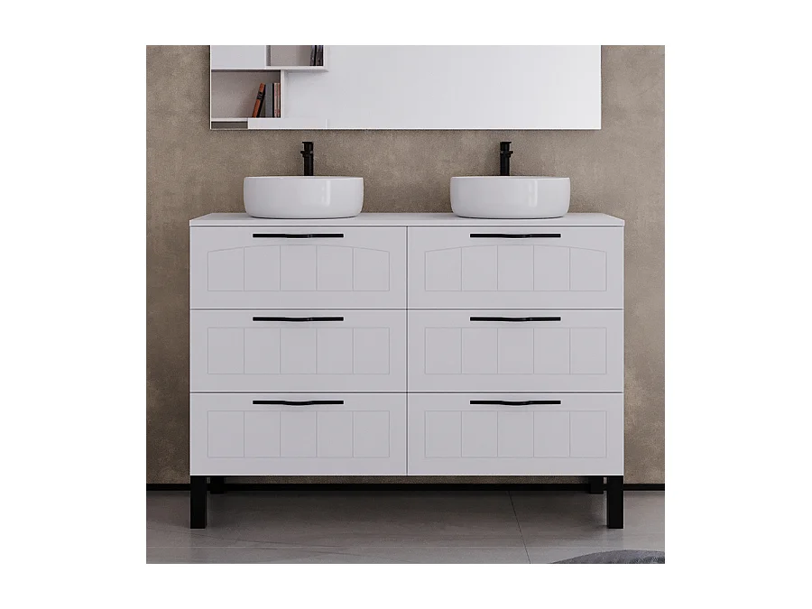 Meuble de salle de bain 120cm avec plateau et deux vasques à poser rondes - 6 tiroirs - sans miroir - blanc - CALA