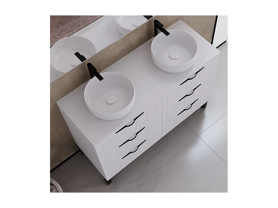 Meuble de salle de bain 120cm avec plateau et deux vasques à poser rondes - 6 tiroirs - sans miroir - blanc - CALA